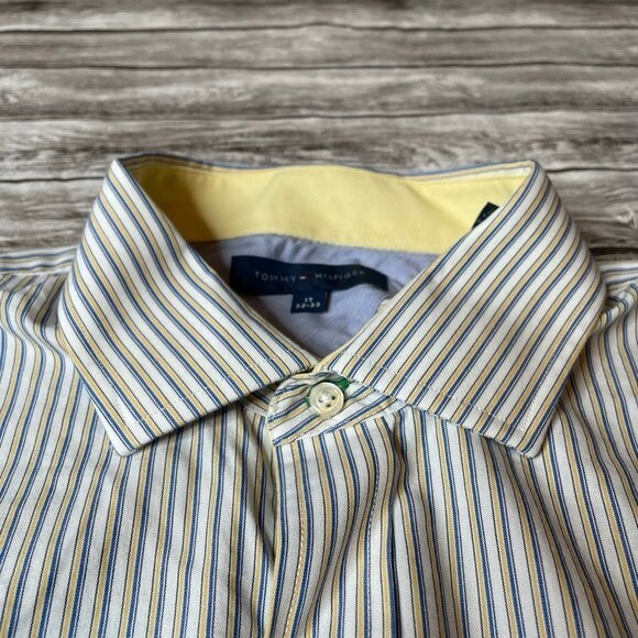 Tommy Hilfiger Mens Button Down Long Sleeve Shirt Yellow White Blue 17 32-33 - Picture 3 of 10
